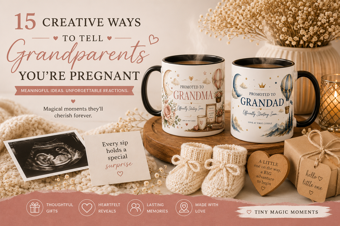 Creative pregnancy announcement ideas for grandparents including heat changing mugs and personalised reveal gifts