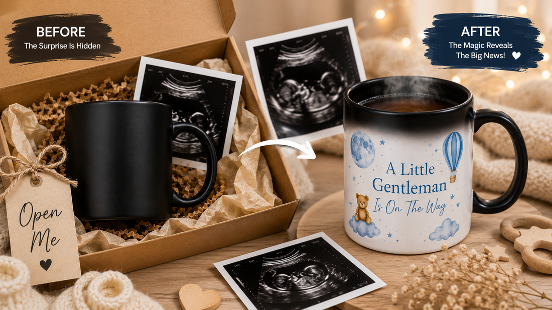 Color-changing magic mug baby reveal gift with ultrasound photo pregnancy announcement