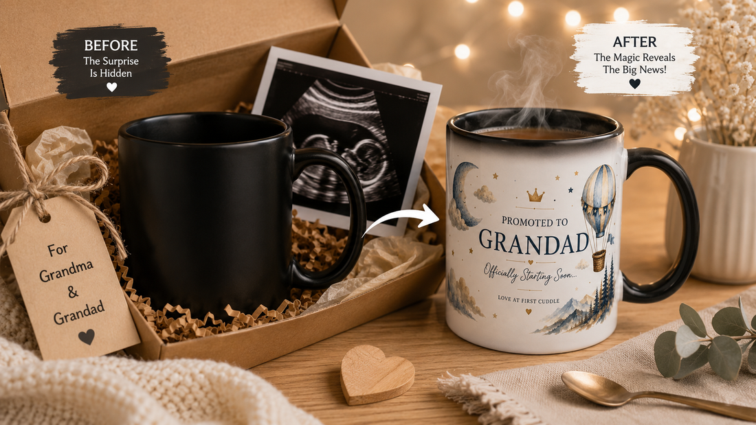 Personalized Promoted to Grandad magic mug pregnancy reveal gift for future grandparents