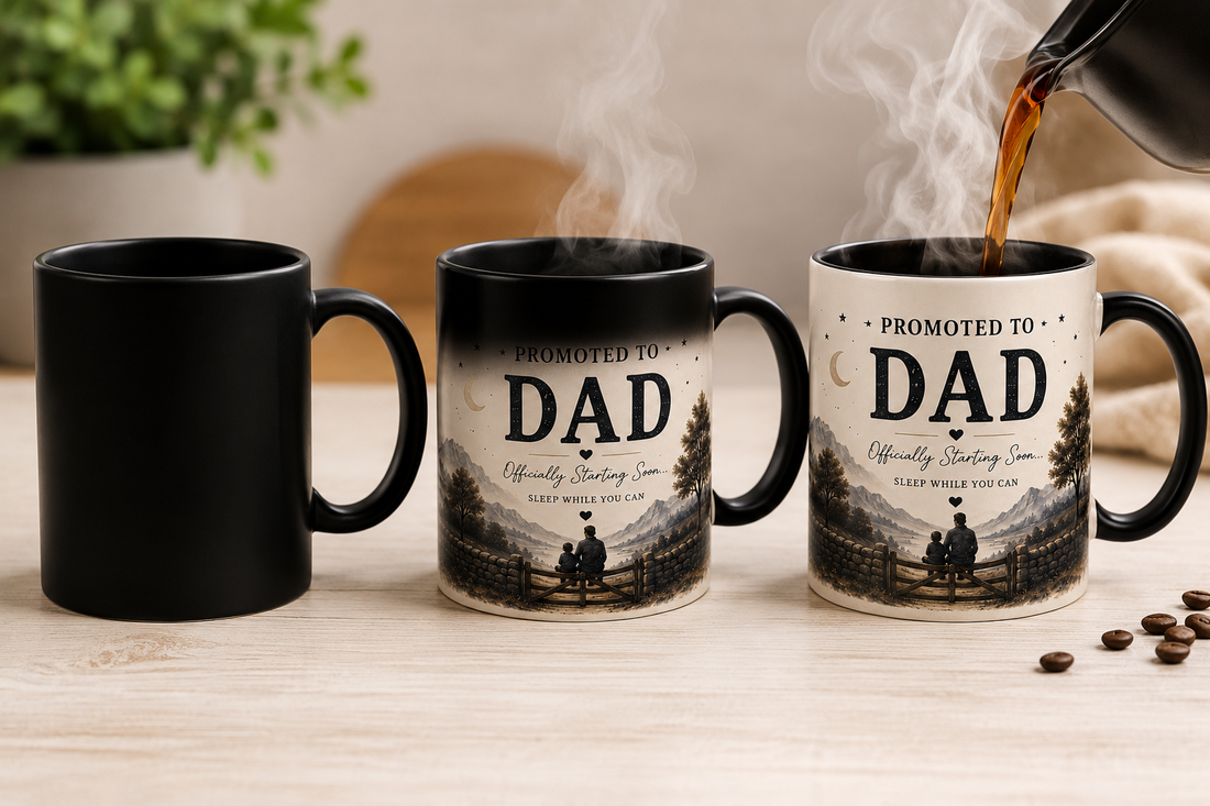 Color changing mug showing black unrevealed surface transforming into a personalised design with hot liquid