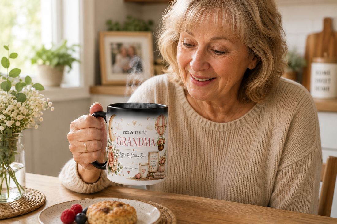 Grandma-to-be gift featuring personalised magic reveal mug announcing a first grandchild with heat-changing reveal effec