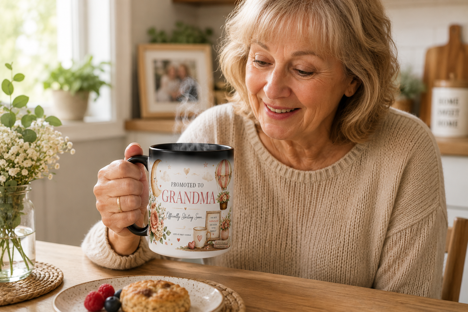Grandma-to-be gift featuring personalised magic reveal mug announcing a first grandchild with heat-changing reveal effec