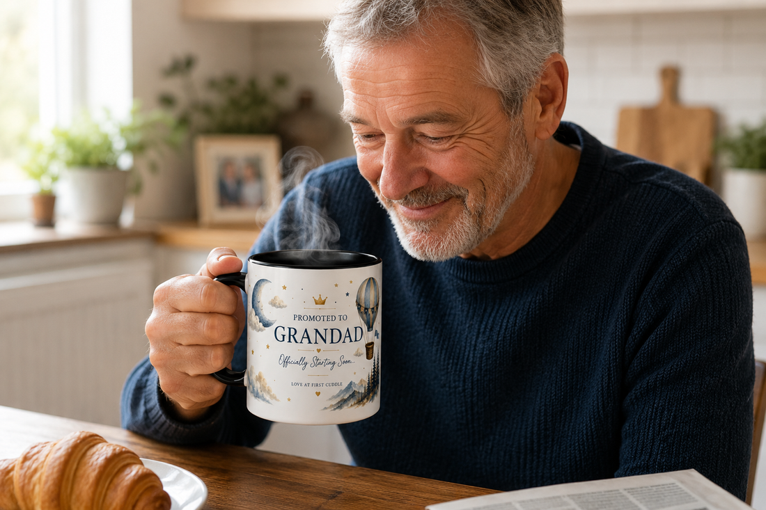 Future grandad smiling while holding a personalised Promoted to Grandad magic reveal mug during a pregnancy announcement surprise